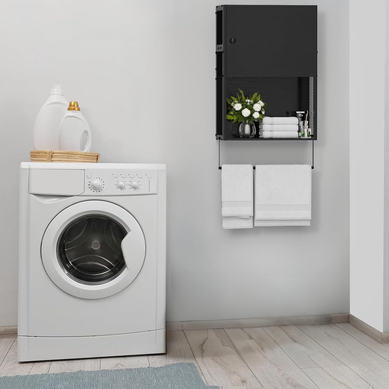 Black Wall-Mounted 3-Tier Bathroom Cabinet with Towel Bar - Over Toilet Storage Shelf, Medicine Cabinet for Bathroom, Laundry Room, Space-Saving Design (7.8"D x 16.9"W x 29.2"H)